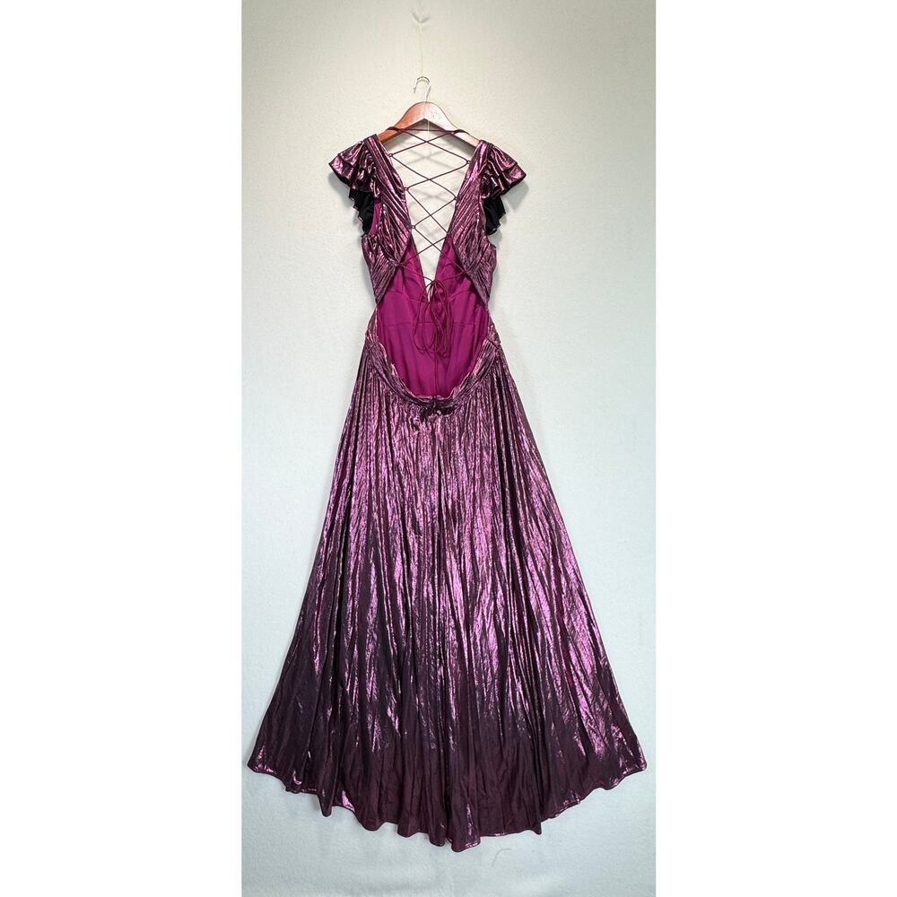 Ieena for Mac Duggal Ruffle Sleeve Metallic Gown Pleated Lace-Up Back Dress 12 - Picture 11 of 15